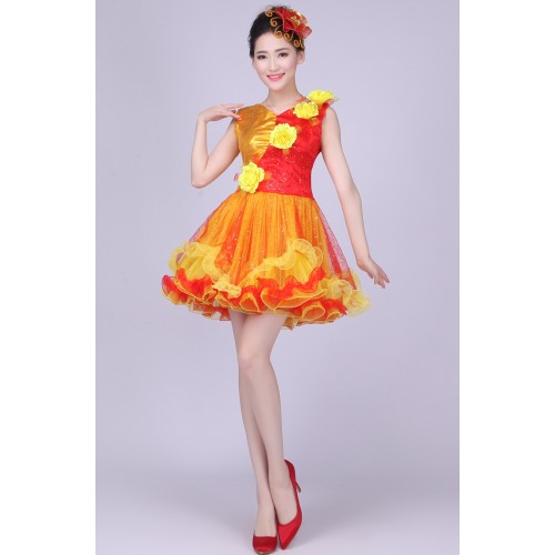 Sexy Women Dance Wear red yellow patchwork Modern Dance Costume Jazz Dance DS Stage Performance dresses For Female Singer